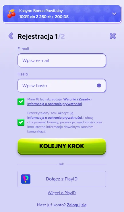Rejestracja konta w Spinbara kasyno